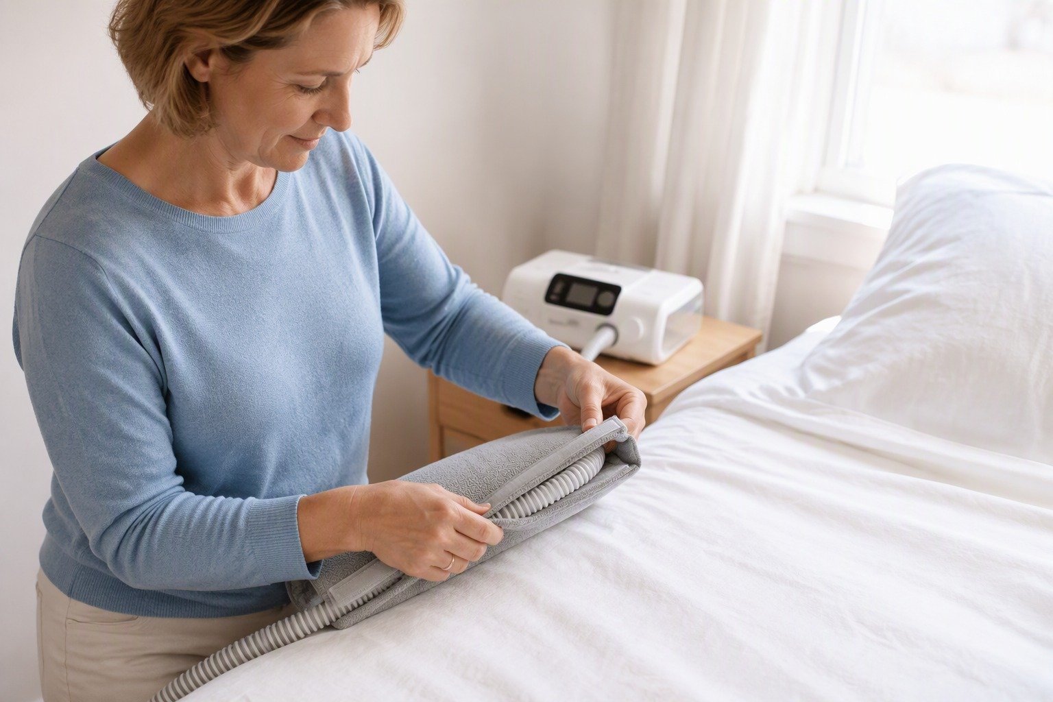 10 ft Double-Sided Fleece Hose Cover being fitted at the bedside