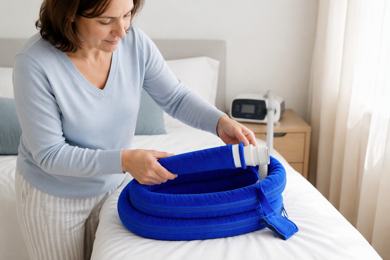 10 ft Double-Sided Fleece Hose Cover being fitted at the bedside
