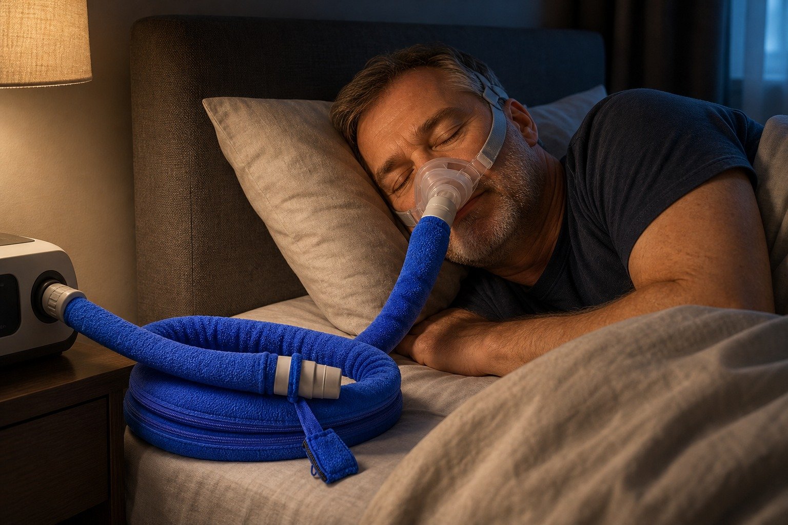 Charcoal 10 ft Colour-Matched Fleece Hose Cover in overnight use at home