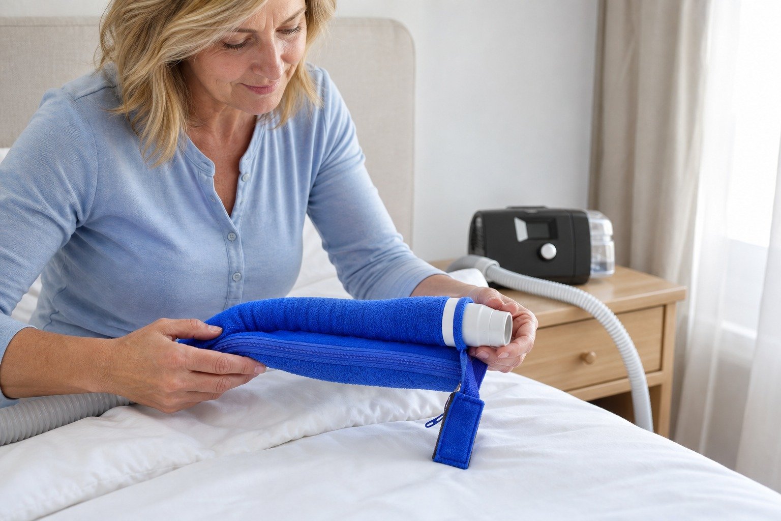 10 ft Double-Sided Retail-Packed Fleece Hose Cover being fitted at the bedside