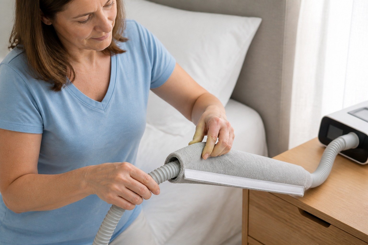 10 ft Fleece Hose Cover being fitted at the bedside