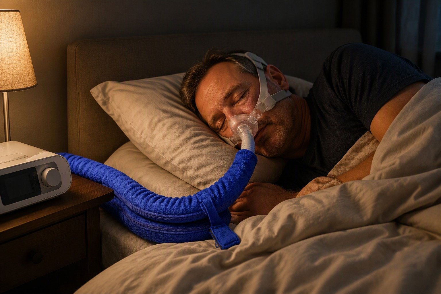 Navy 10 ft Colour-Matched Fleece Hose Cover in overnight use at home