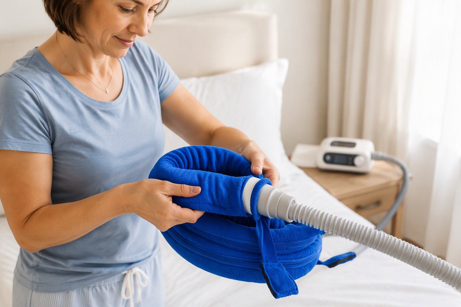 Navy 10 ft Colour-Matched Fleece Hose Cover being fitted at the bedside