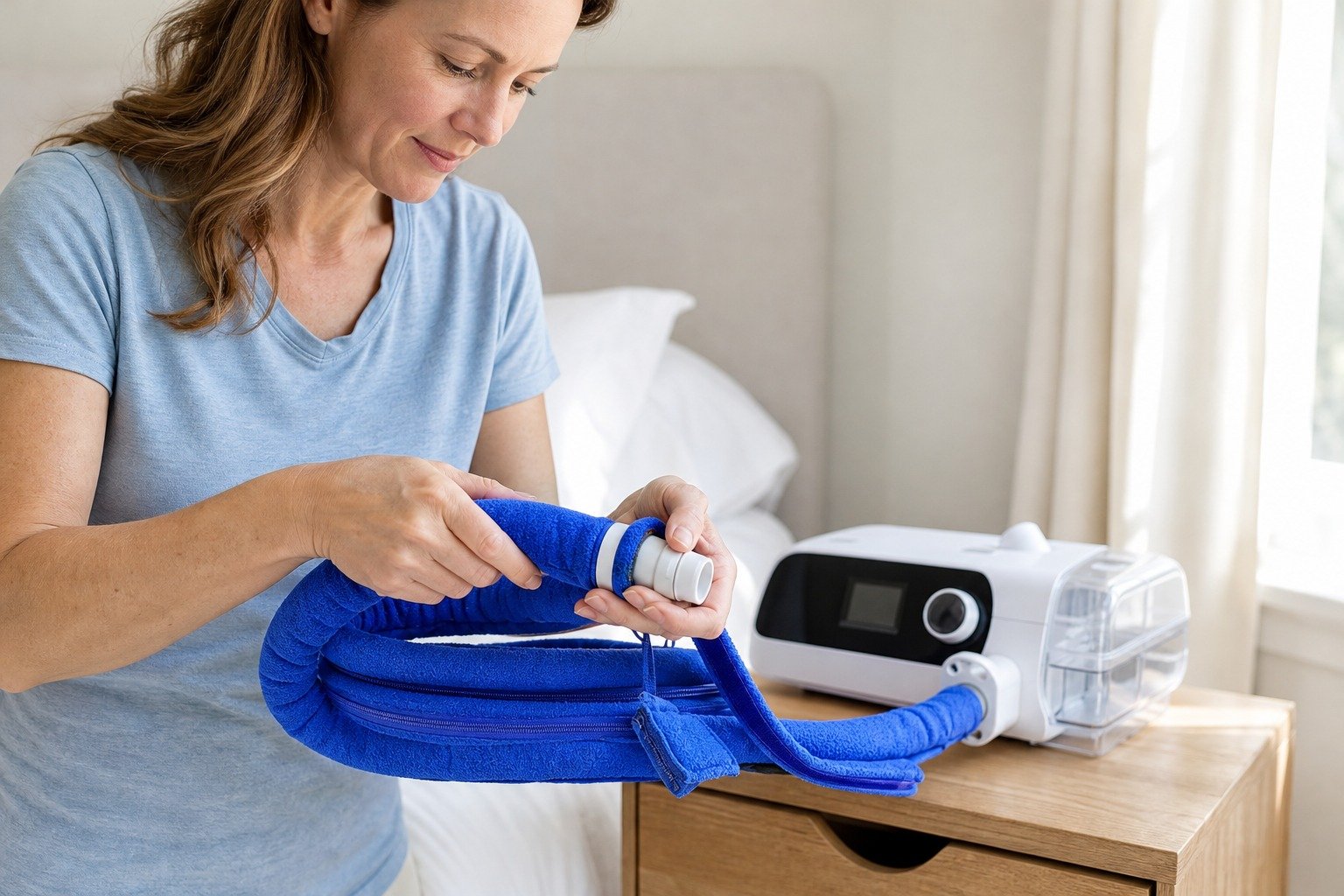 Plum 10 ft Colour-Matched Fleece Hose Cover being fitted at the bedside