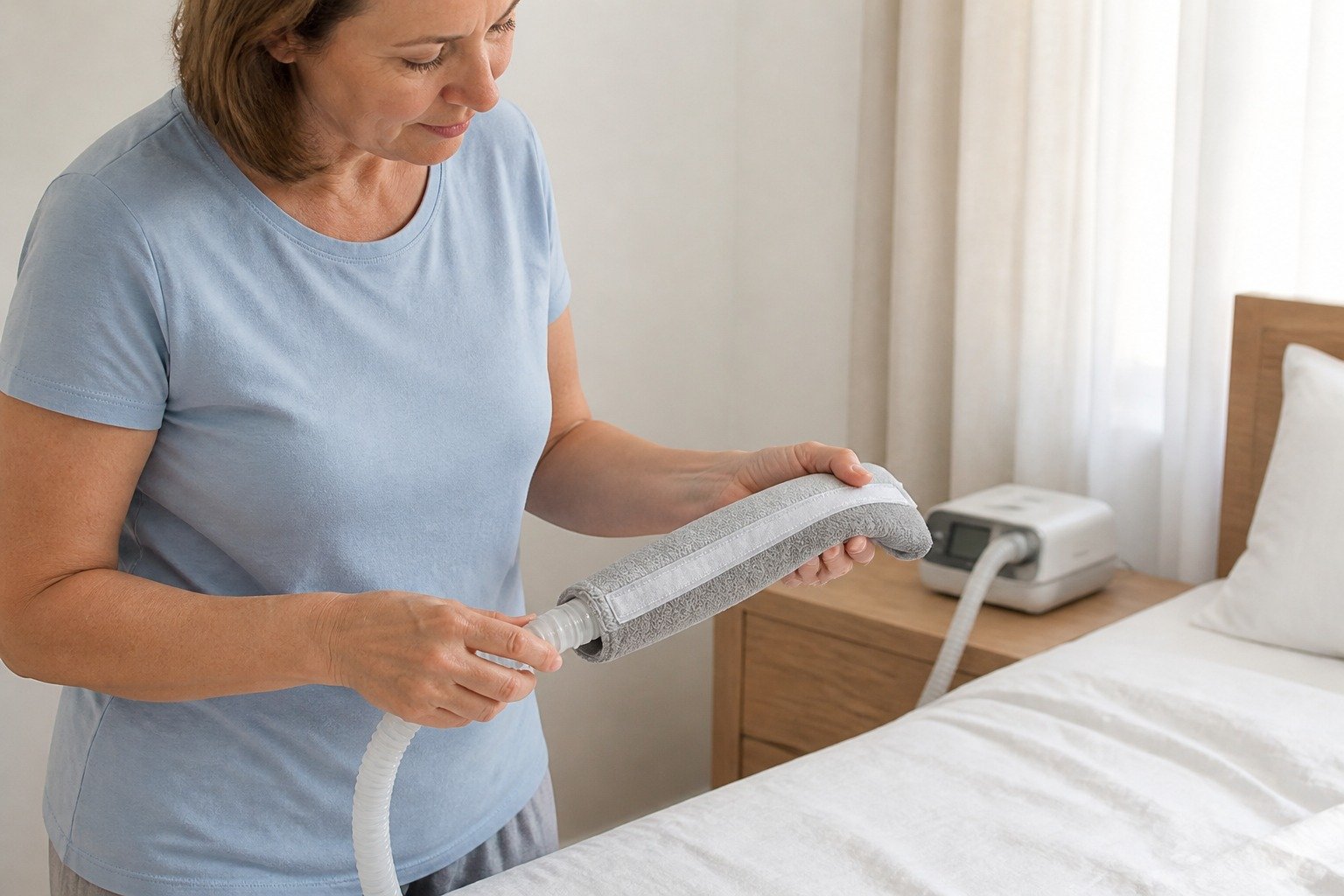 Sage 10 ft Colour-Matched Fleece Hose Cover being fitted at the bedside
