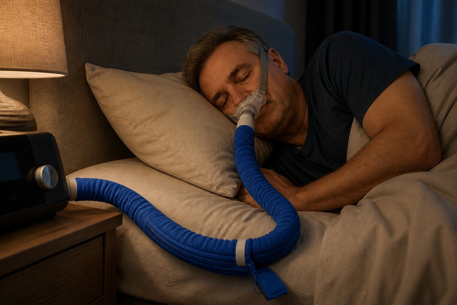 Sand 10 ft Colour-Matched Fleece Hose Cover in overnight use at home