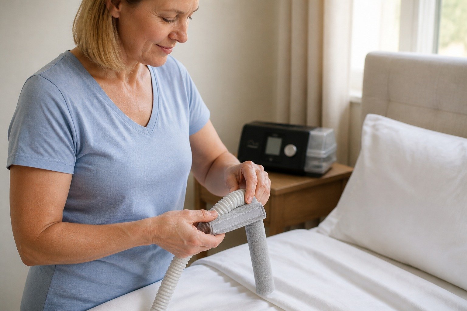 4 ft Double-Sided Fleece Hose Cover being fitted at the bedside