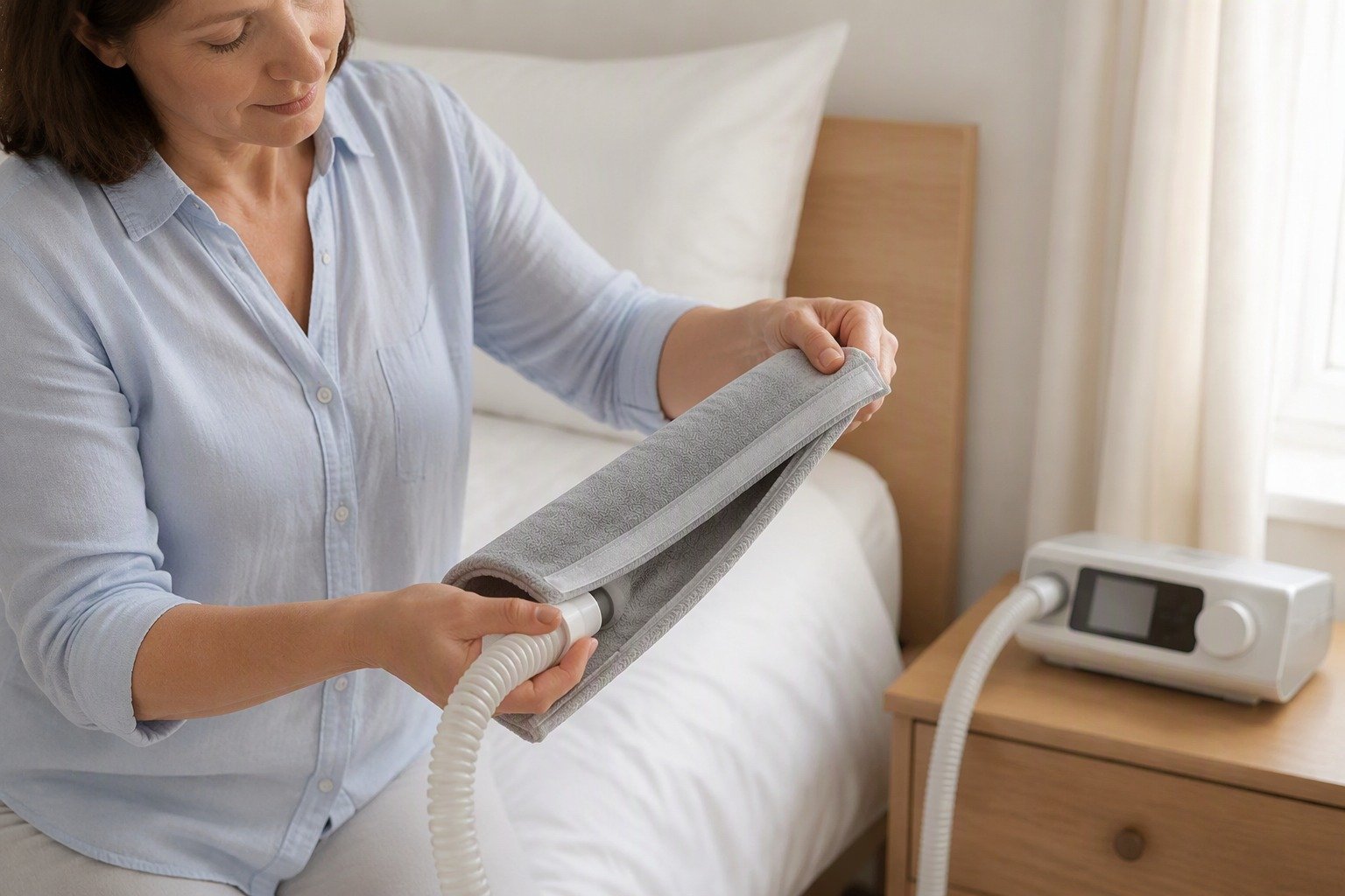 4 ft Cat-Proof Heavy Fleece Hose Cover being fitted at the bedside
