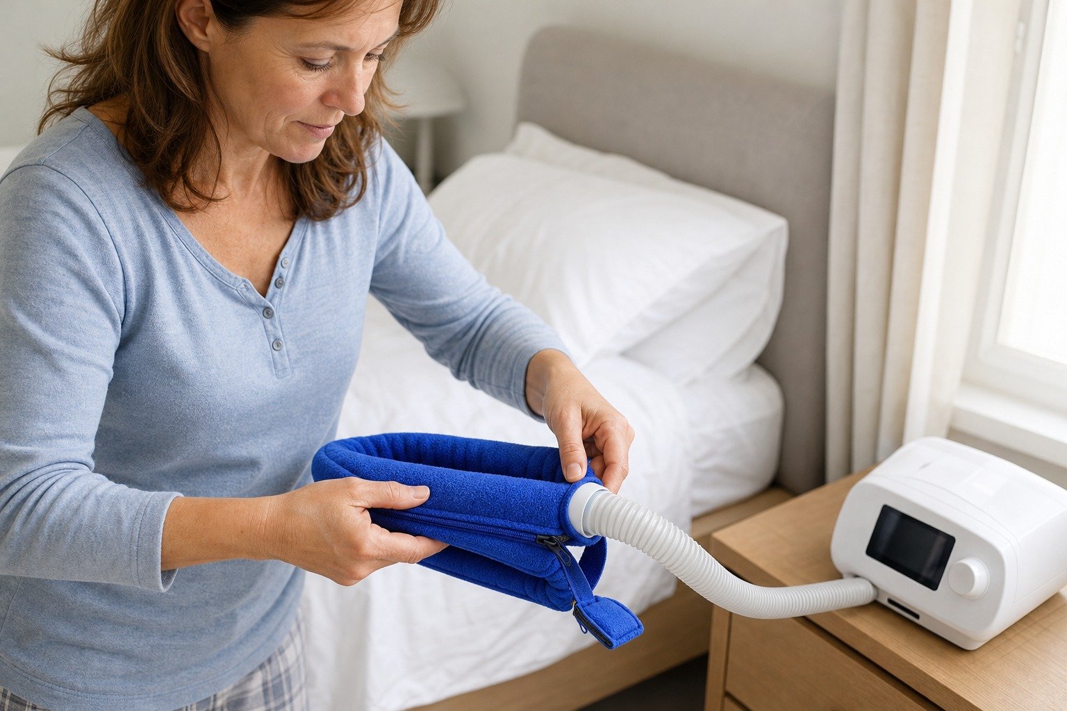 4 ft Double-Sided Retail-Packed Fleece Hose Cover being fitted at the bedside