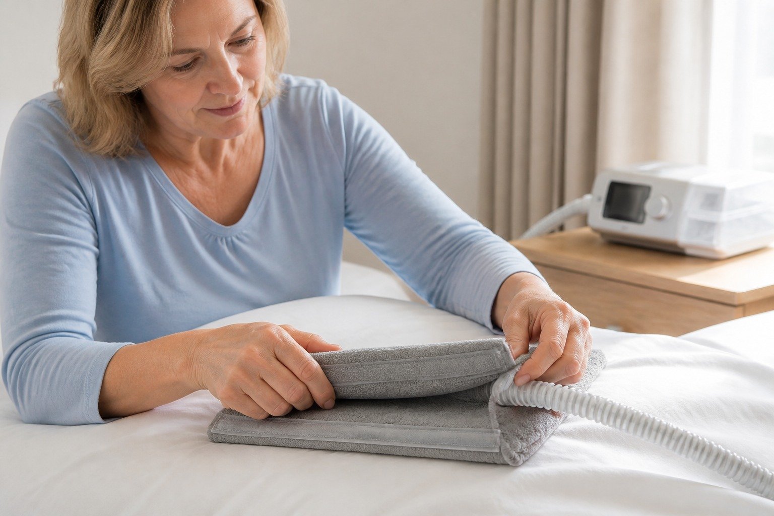 Navy 4 ft Colour-Matched Fleece Hose Cover being fitted at the bedside