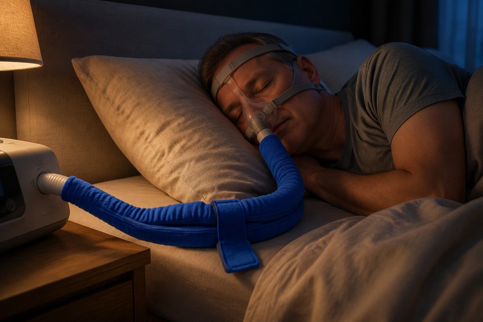 Navy 4 ft Colour-Matched Fleece Hose Cover in overnight use at home
