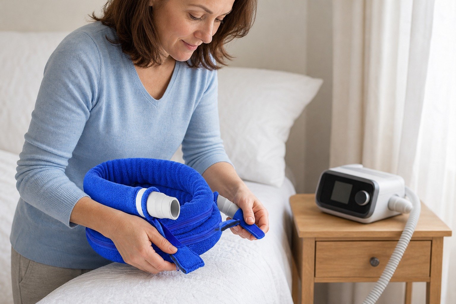 Navy 4 ft Colour-Matched Fleece Hose Cover being fitted at the bedside
