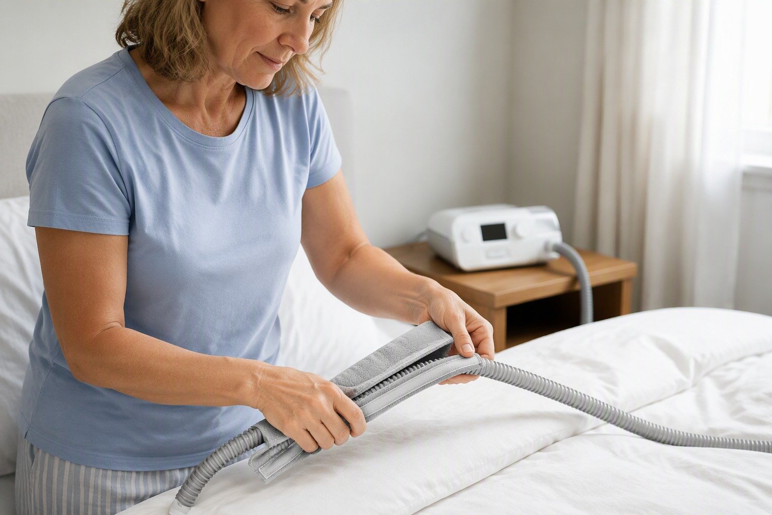 6 ft Double-Sided Fleece Hose Cover being fitted at the bedside