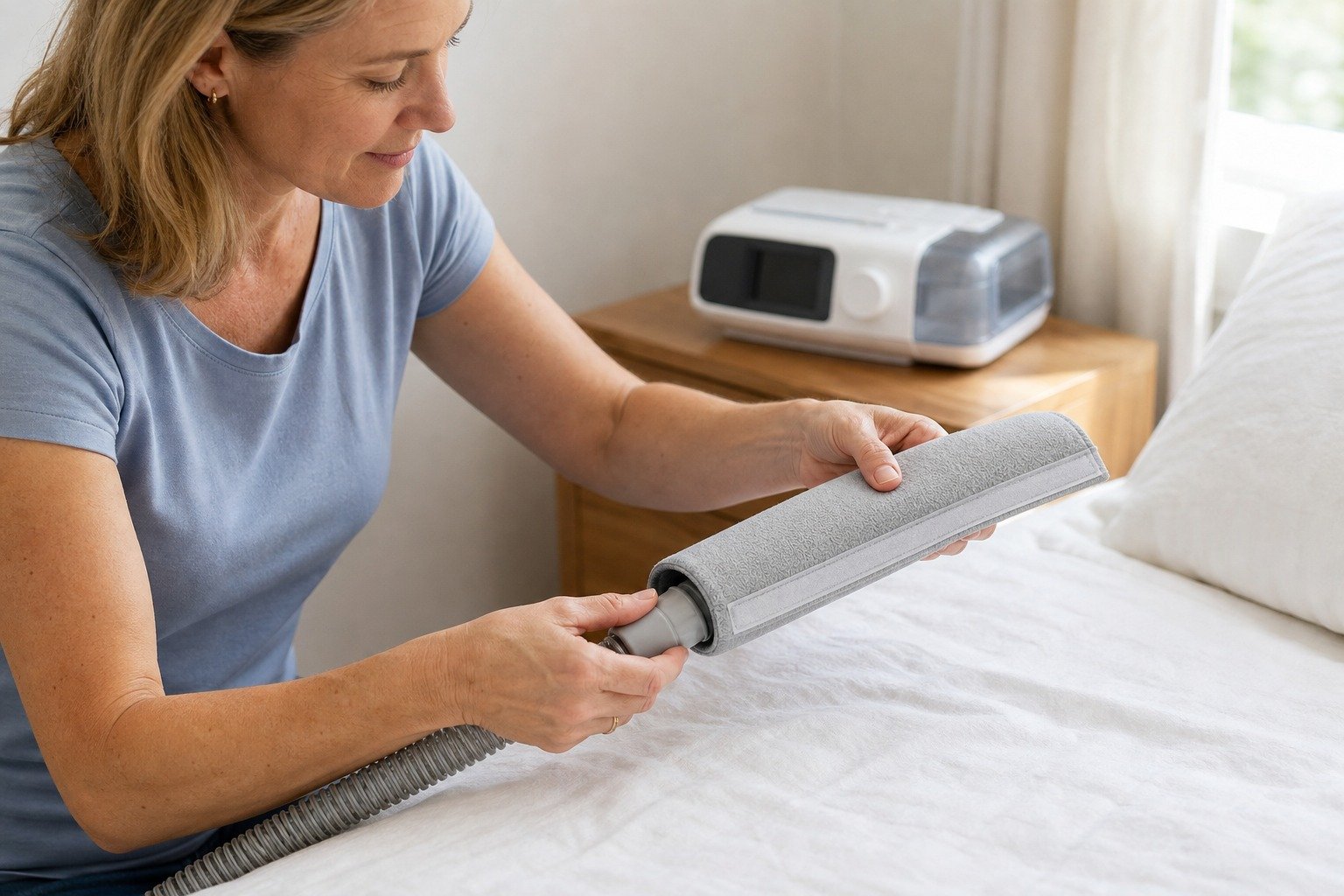 6 ft Cat-Proof Heavy Fleece Hose Cover being fitted at the bedside