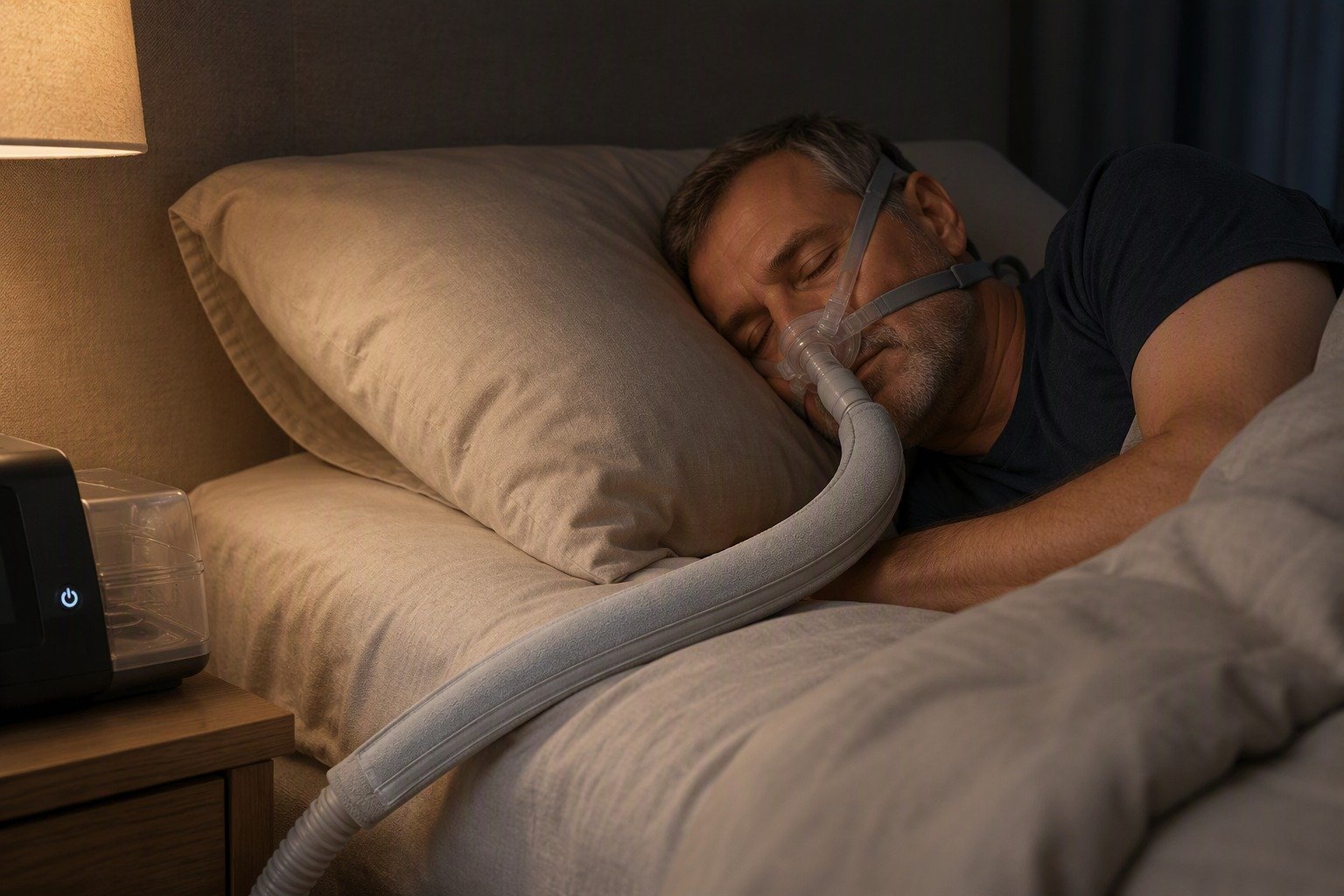 Charcoal 6 ft Colour-Matched Fleece Hose Cover in overnight use at home