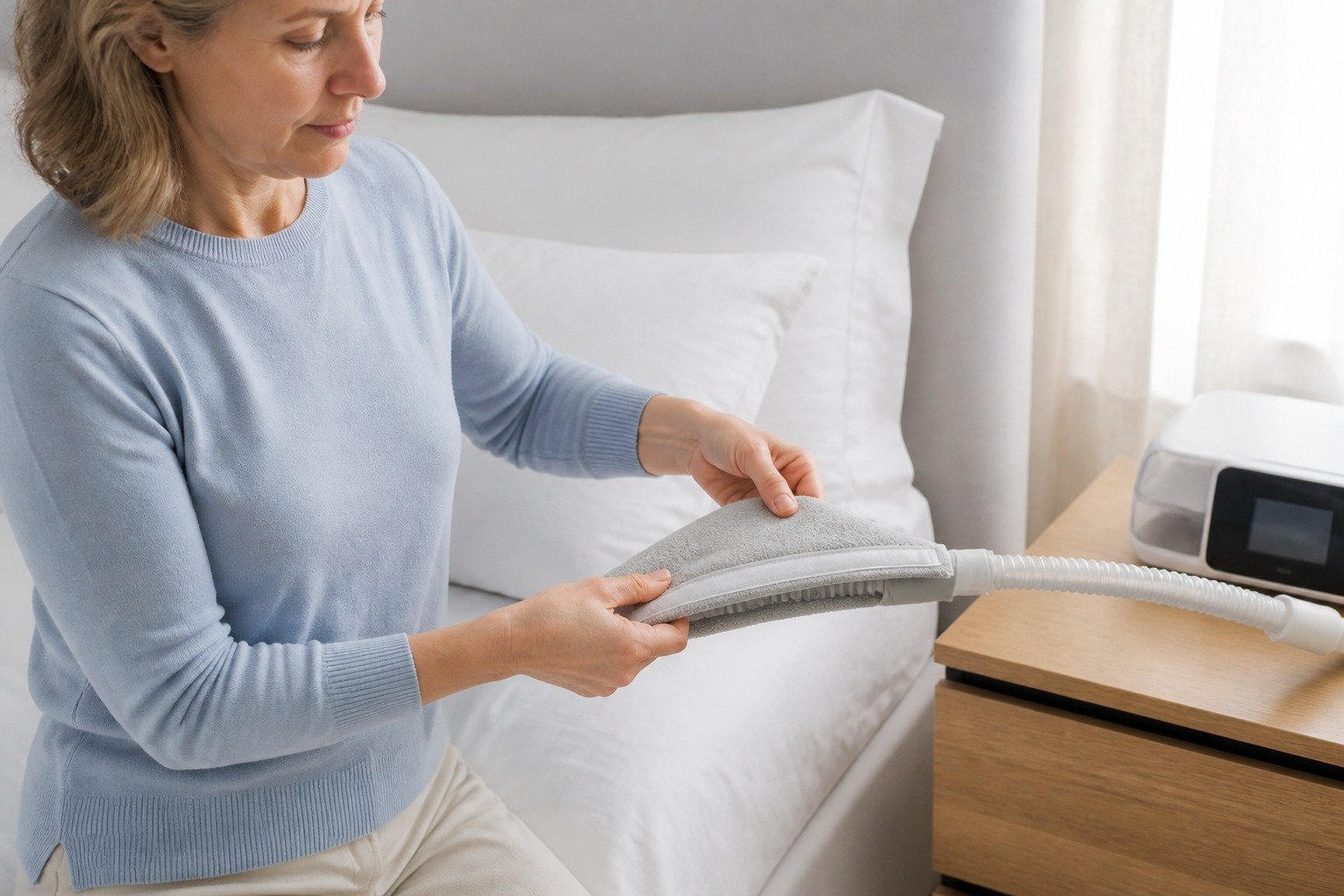 6 ft Double-Sided Fleece Hose Cover being fitted at the bedside