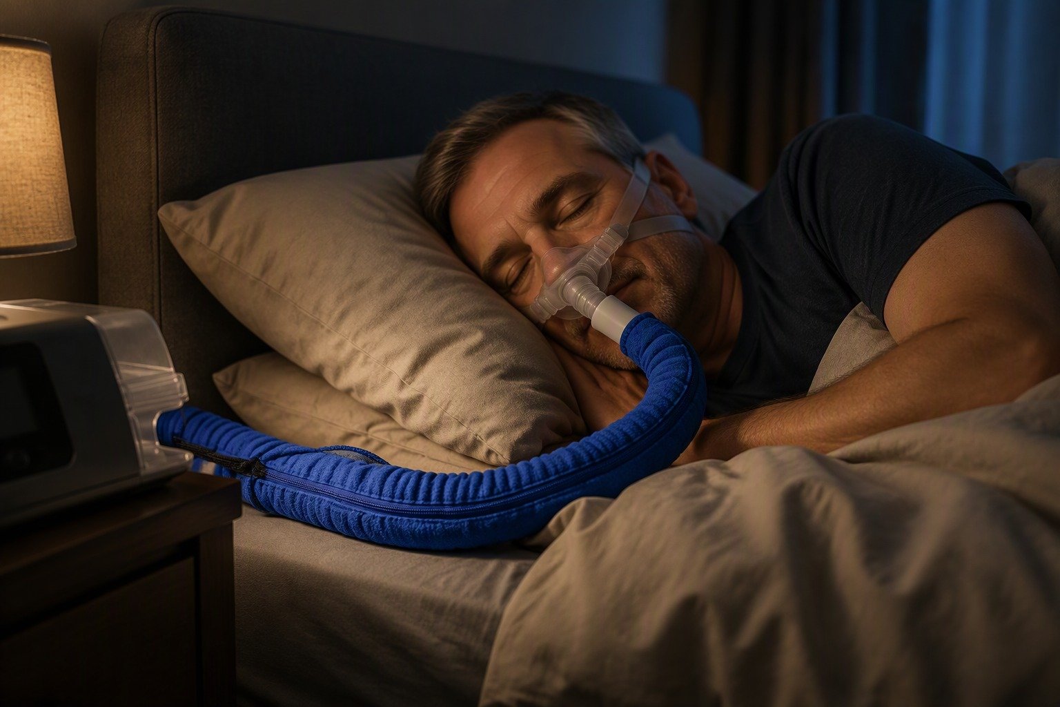 Navy 6 ft Colour-Matched Fleece Hose Cover in overnight use at home