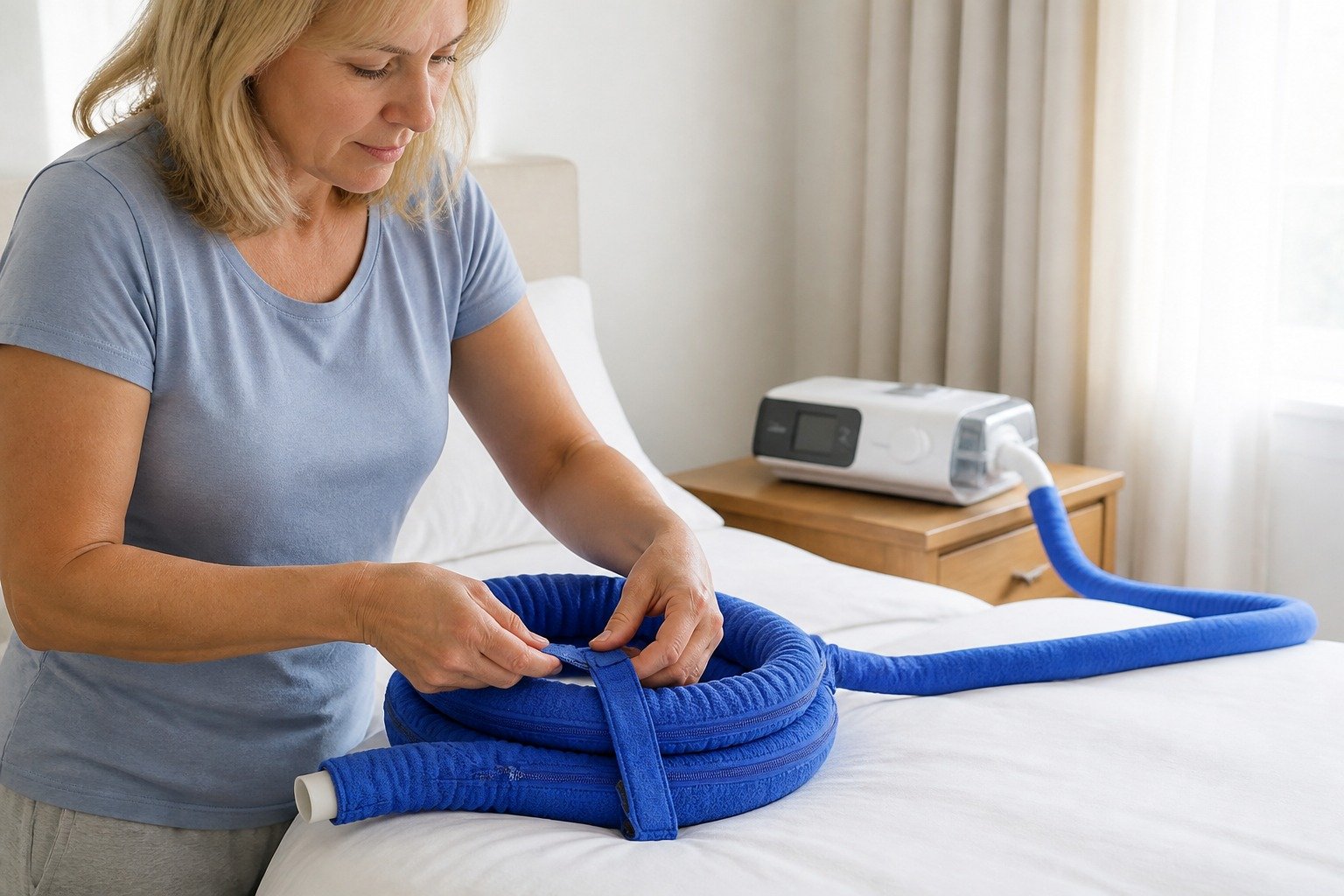 Plum 6 ft Colour-Matched Fleece Hose Cover being fitted at the bedside