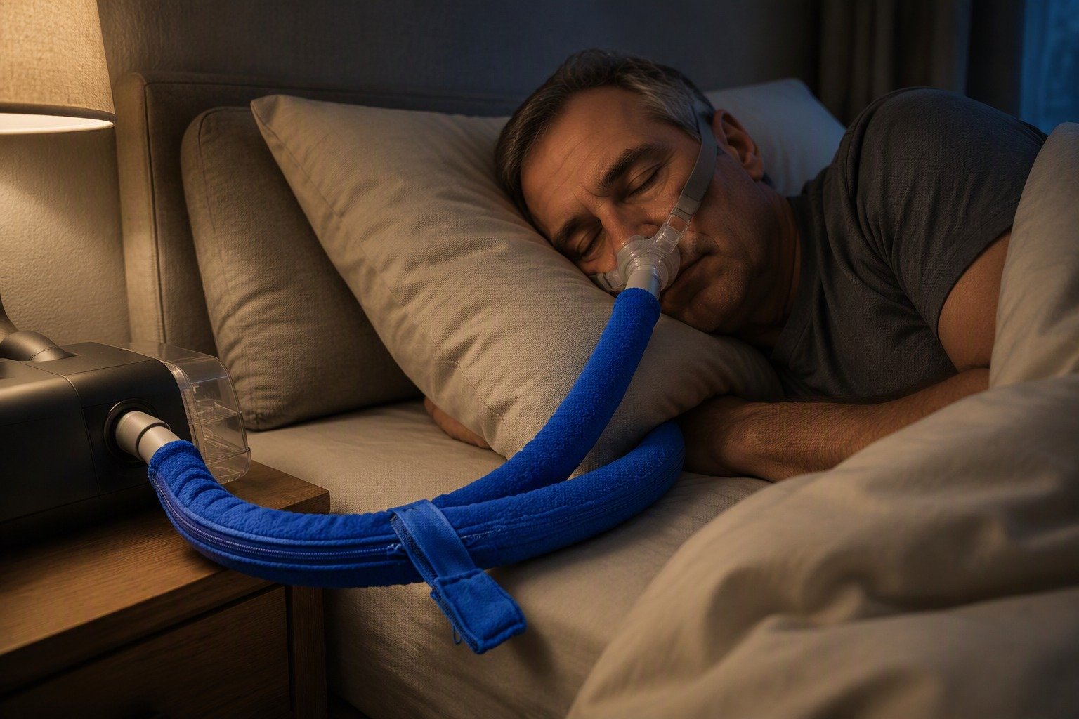 Sand 6 ft Colour-Matched Fleece Hose Cover in overnight use at home