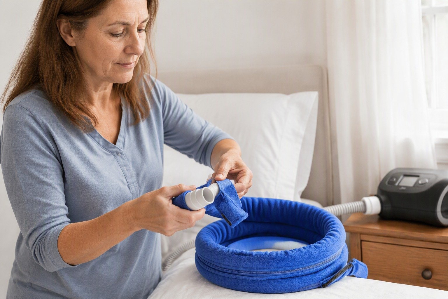 Sand 6 ft Colour-Matched Fleece Hose Cover being fitted at the bedside