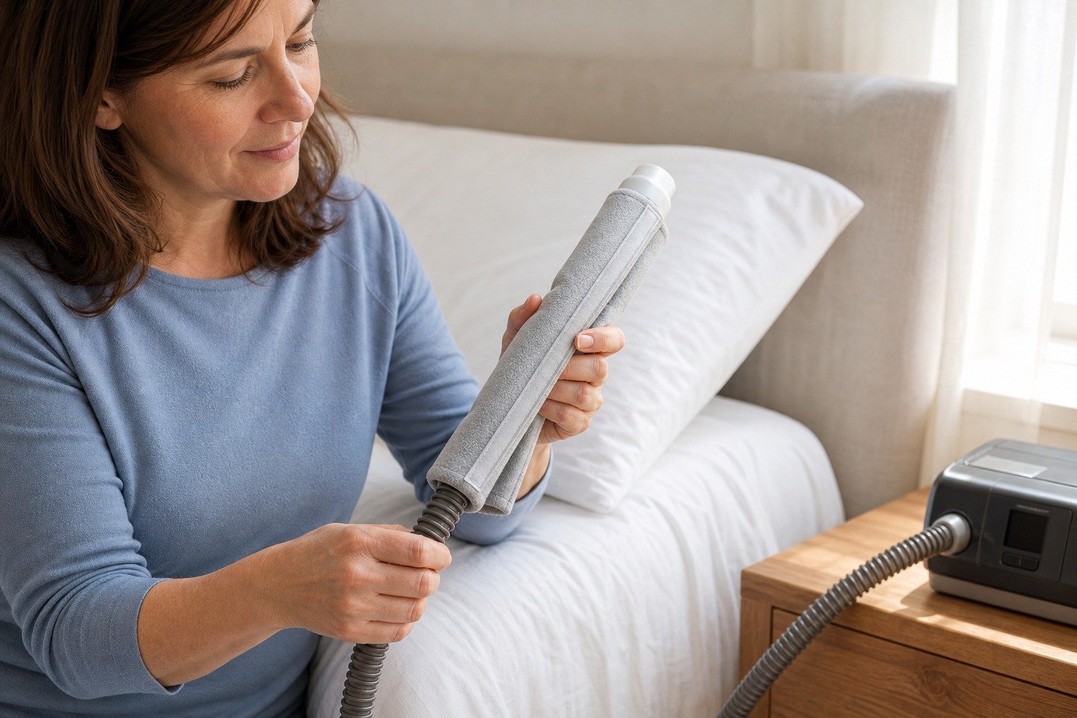 8 ft Double-Sided Fleece Hose Cover being fitted at the bedside