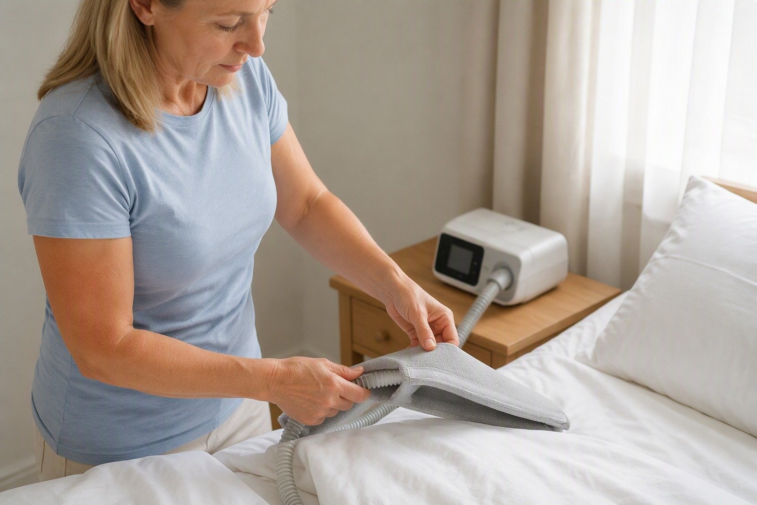 8 ft Cat-Proof Heavy Fleece Hose Cover being fitted at the bedside