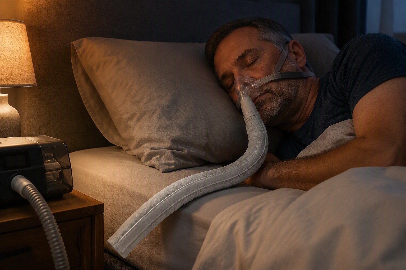 Charcoal 8 ft Colour-Matched Fleece Hose Cover in overnight use at home