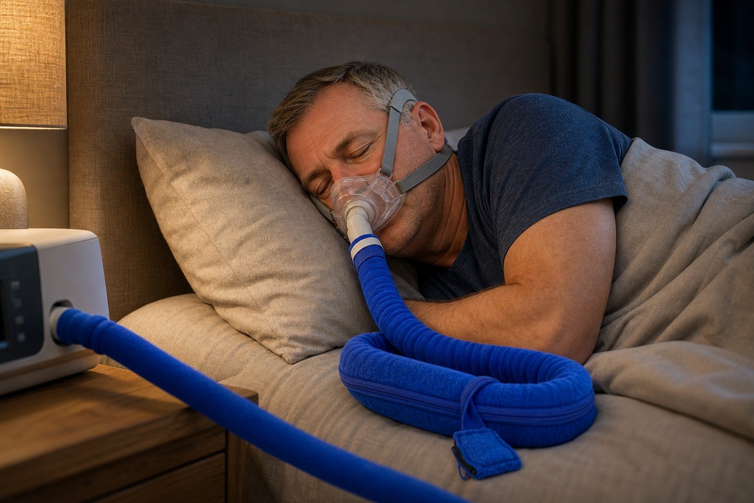 Charcoal 8 ft Colour-Matched Fleece Hose Cover in overnight use at home