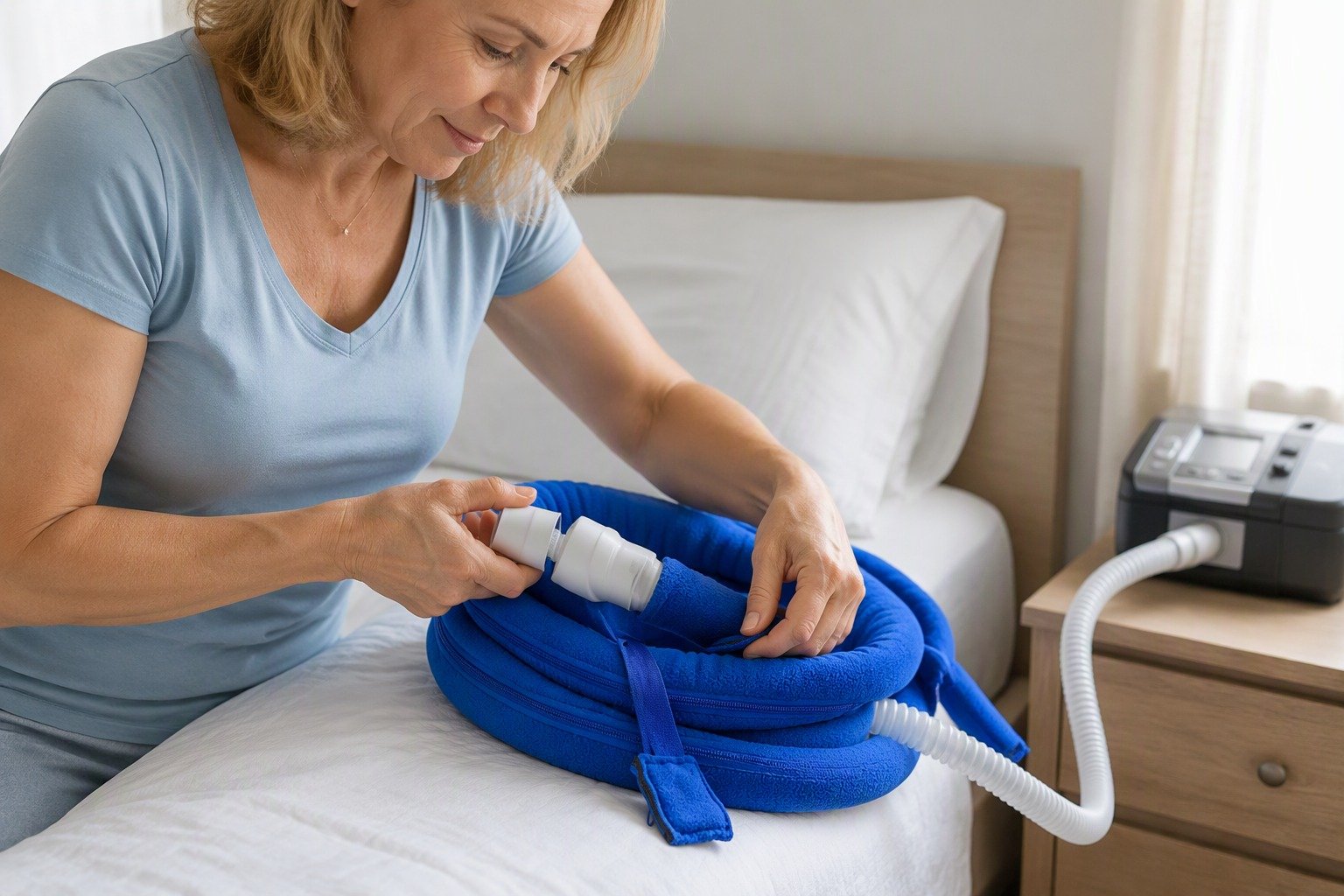 8 ft Heated-Tubing Fleece Hose Cover being fitted at the bedside