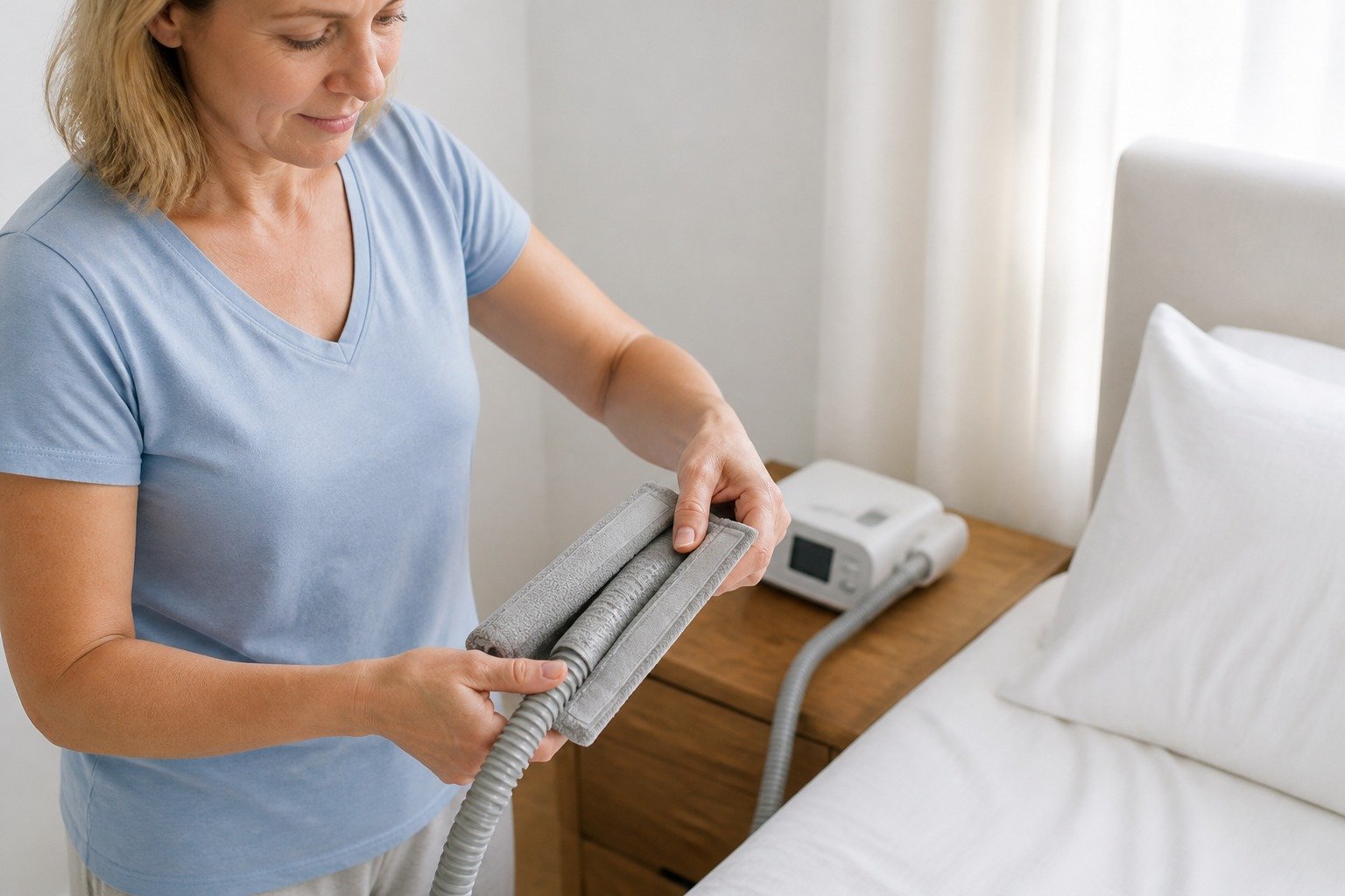 8 ft Fleece Hose Cover being fitted at the bedside