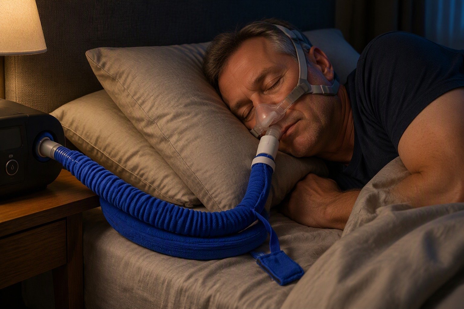 Navy 8 ft Colour-Matched Fleece Hose Cover in overnight use at home