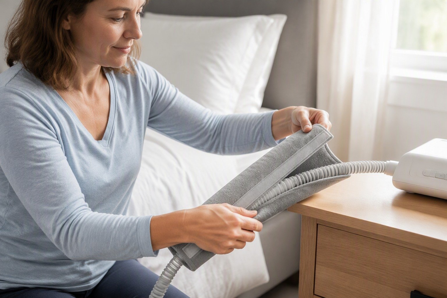Sage 8 ft Colour-Matched Fleece Hose Cover being fitted at the bedside