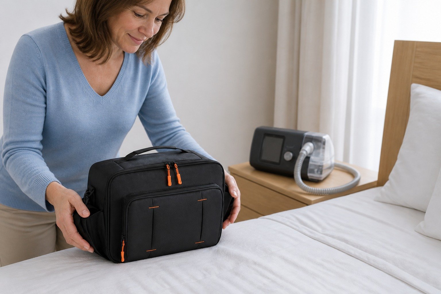 Medium CPAP Travel Bag being fitted at the bedside