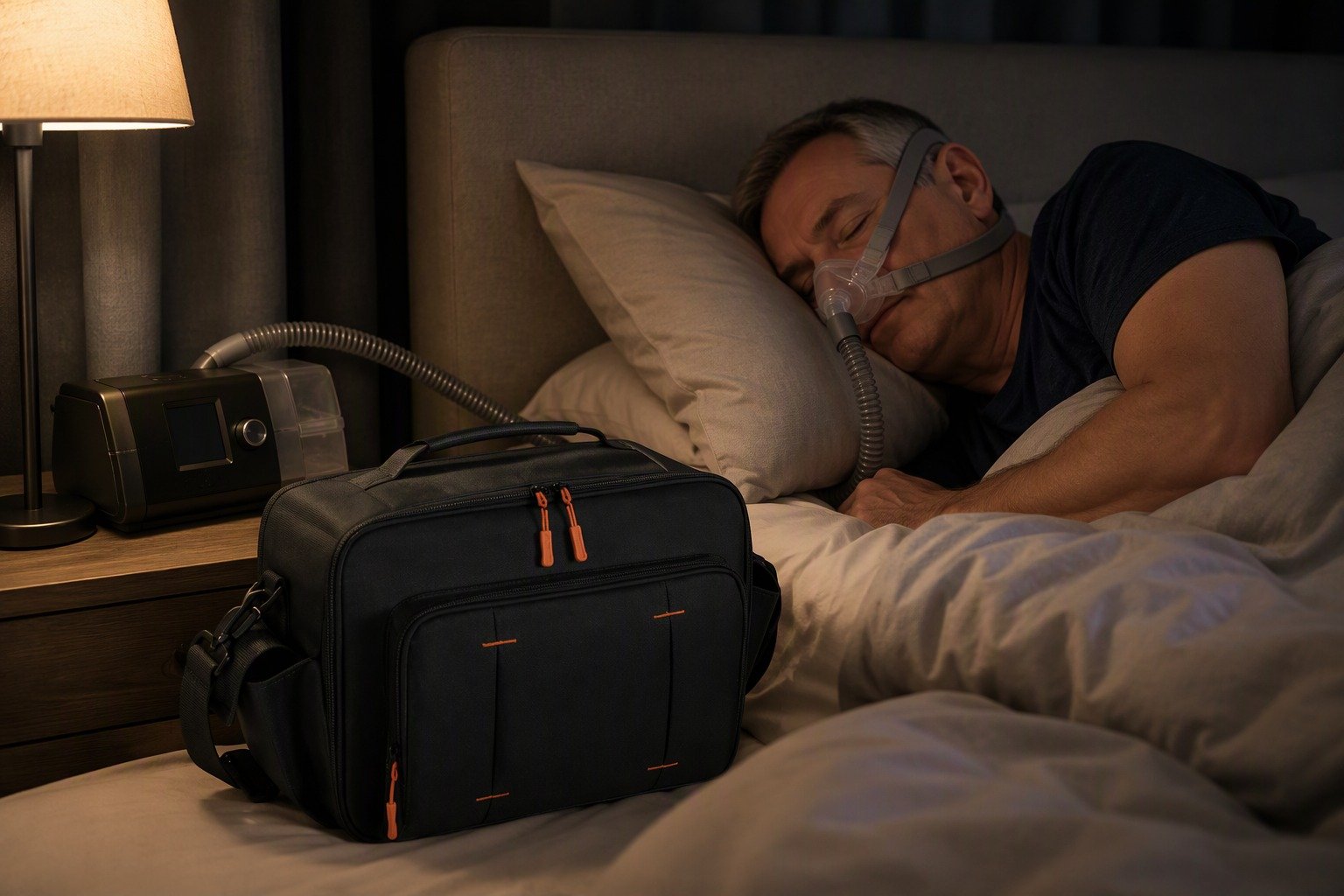Compact CPAP Travel Bag in overnight use at home