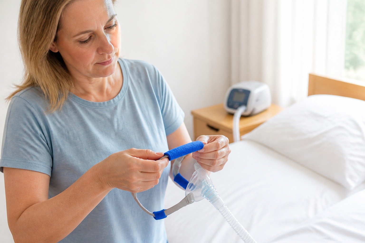Fleece-Lined Headgear Strap Covers being fitted at the bedside