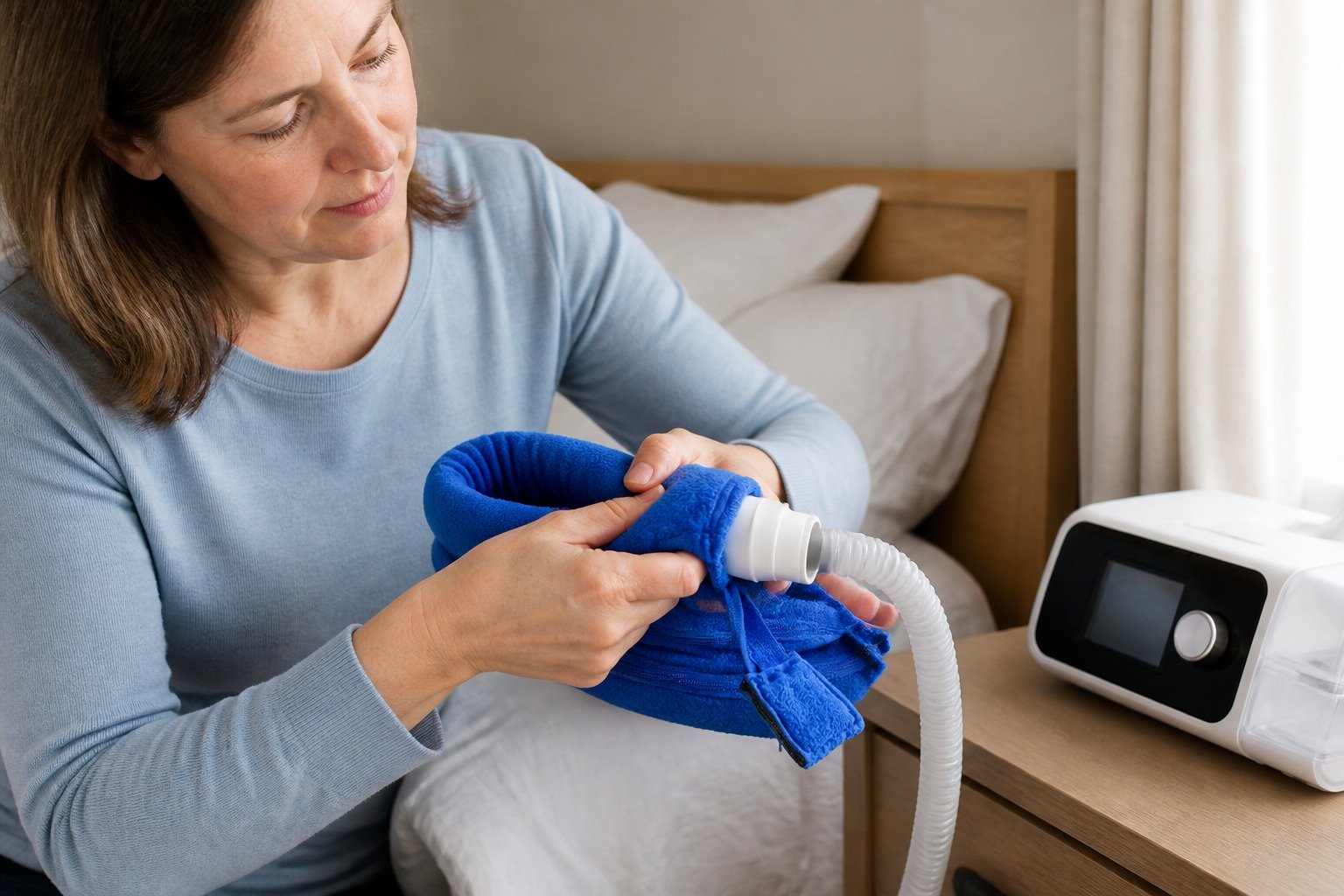 10 In Mask-End Zippered Tube Sleeve being fitted at the bedside