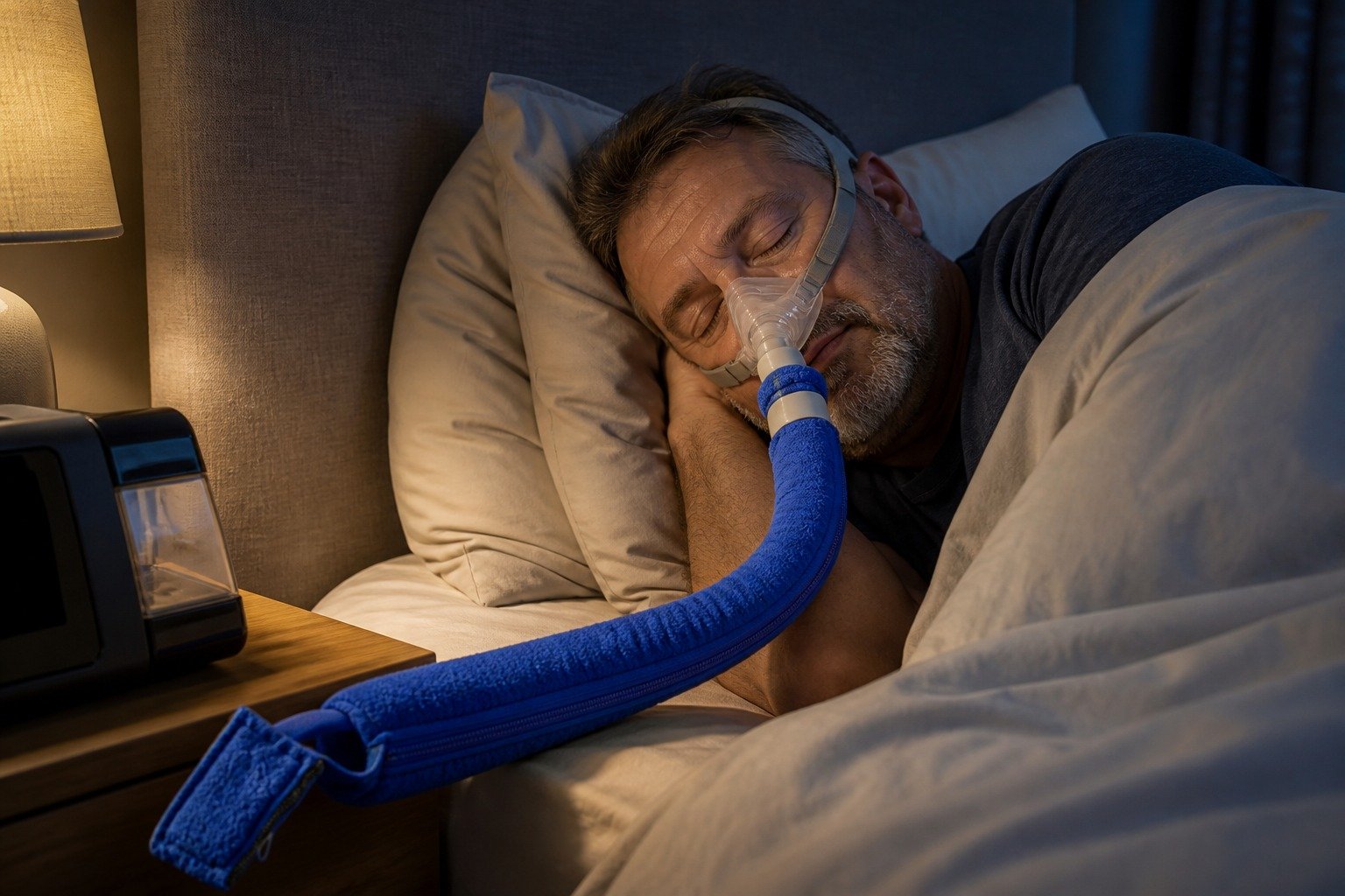 12 In Mask-End Hook and Loop Tube Sleeve in overnight use at home