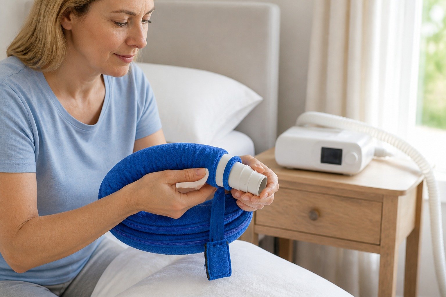 12 In Mask-End Hook and Loop Tube Sleeve being fitted at the bedside