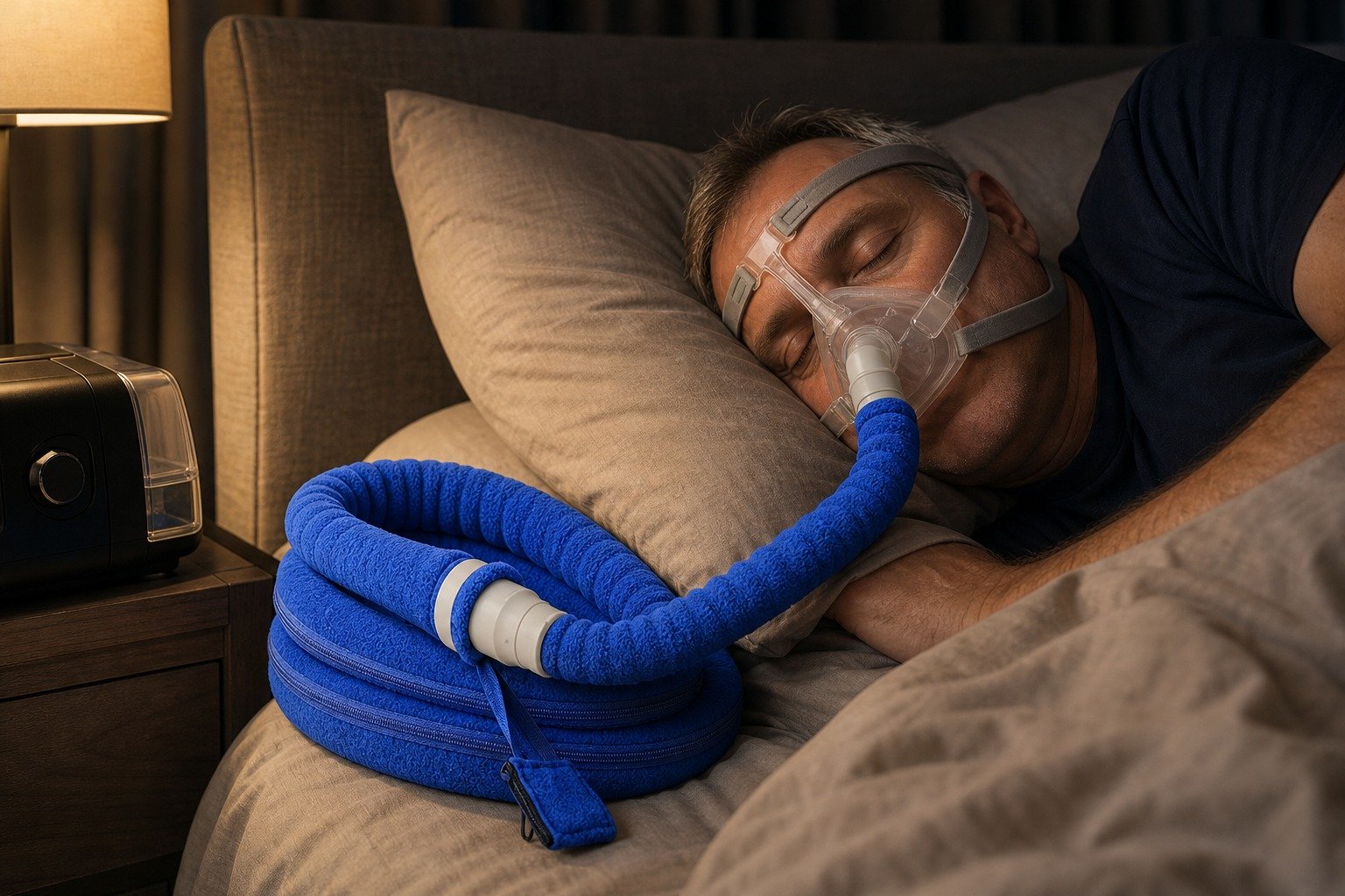 24 In Mask-End Hook and Loop Tube Sleeve in overnight use at home