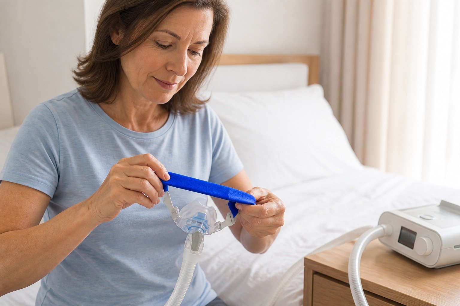 Mask Strap Pads, Four-Pair Pack being fitted at the bedside