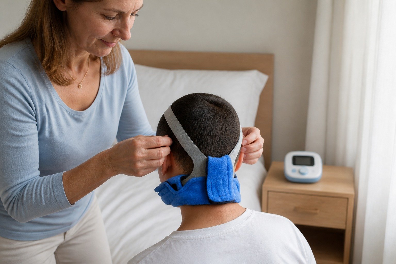 Wide Fleece Neck Pads being fitted at the bedside